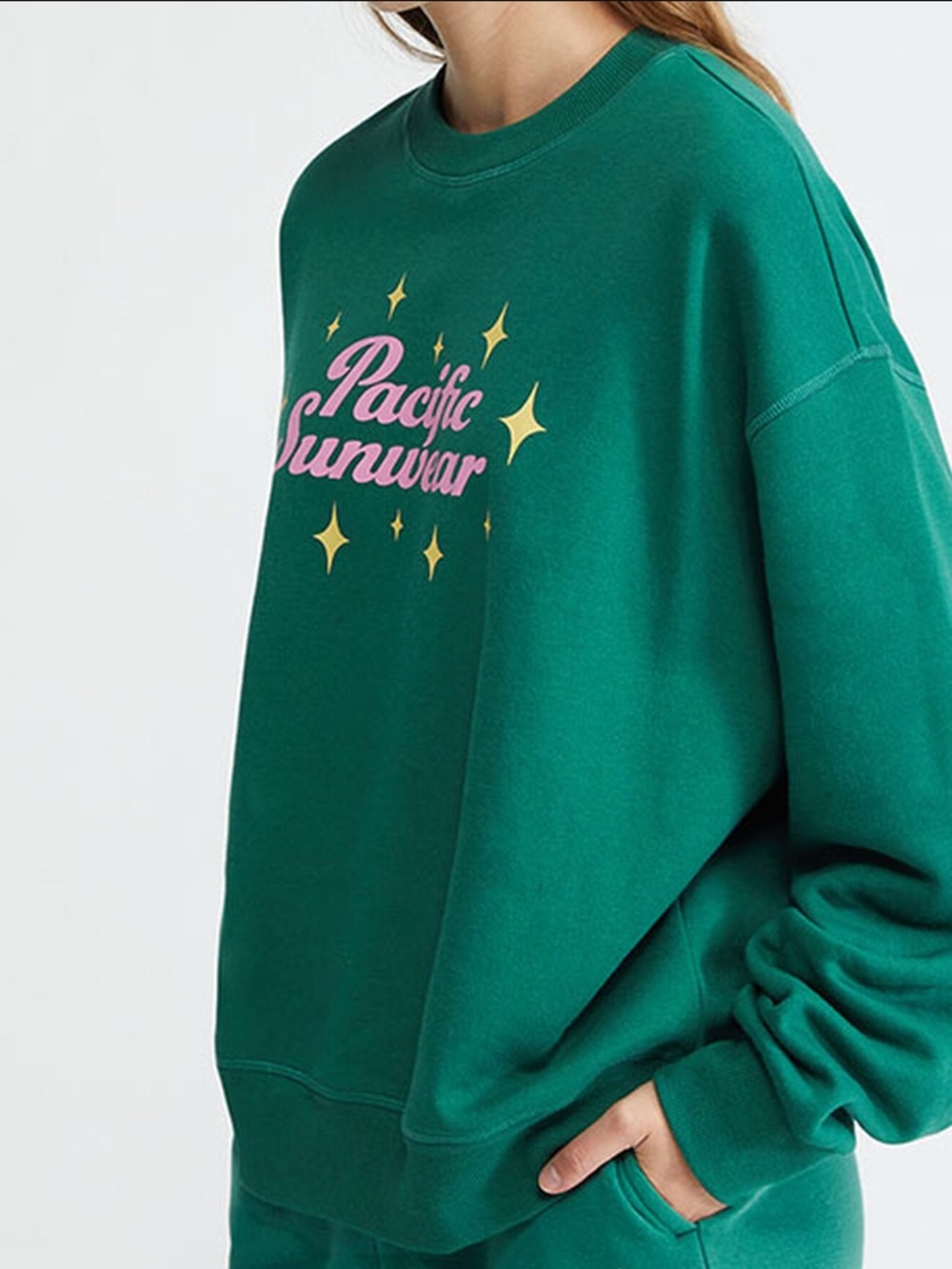 NWOT PacSun Green Crewneck Sweatshirt with Pink Logo & Gold Stars
